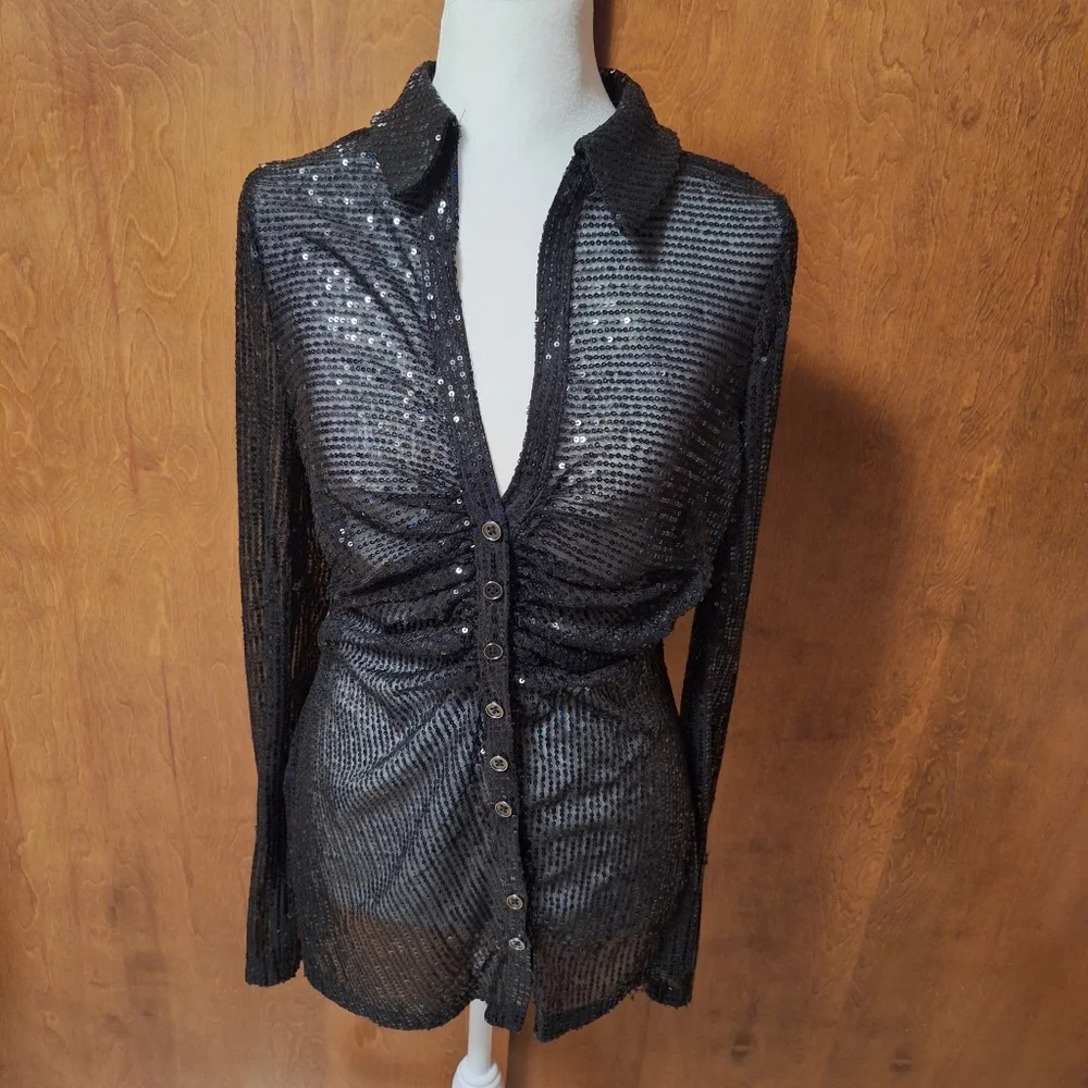 Free People Elegant Black Sequin Button-Up Top - Picture 5 of 6